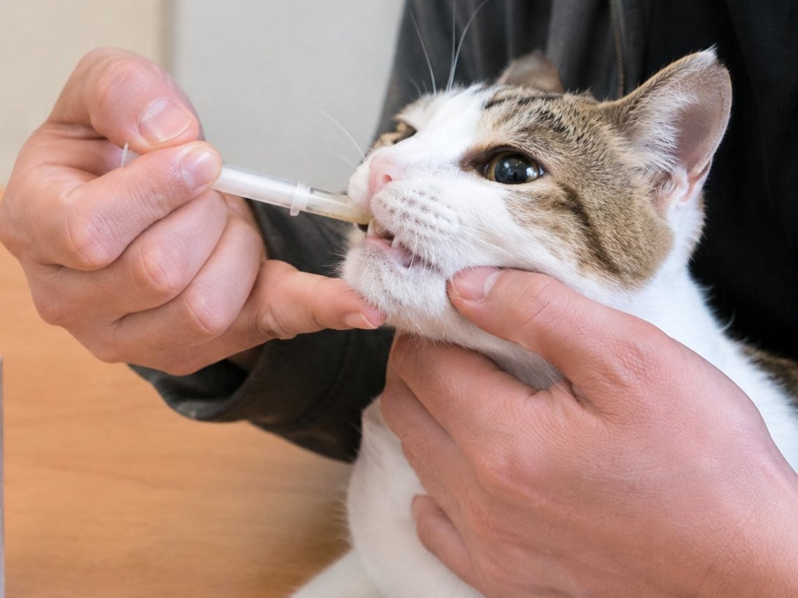 A rescue cat being given oral deworming medication