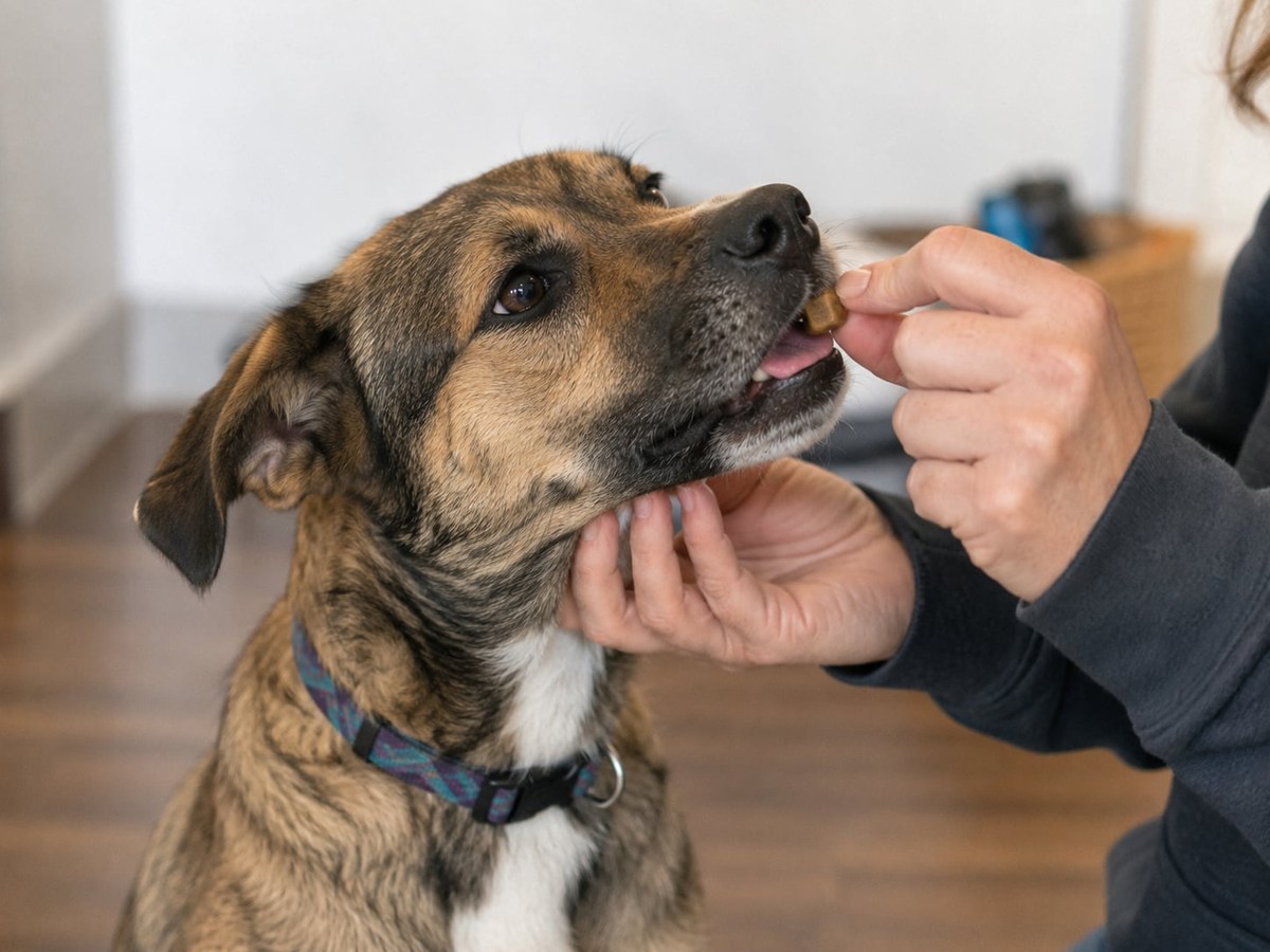 A rescue dog taking a monthly preventative chew