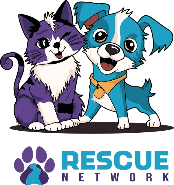 This year's Rescue Network mascot, a purple cat and a blue dog, above the Rescue Network logo